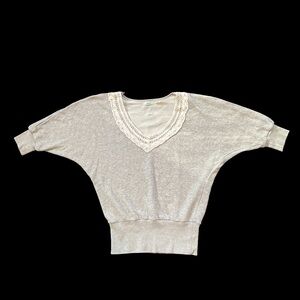 UO Kimchi Blue M Gray Slouchy Baggy Sweater Top White Lace Trim Grey V neck